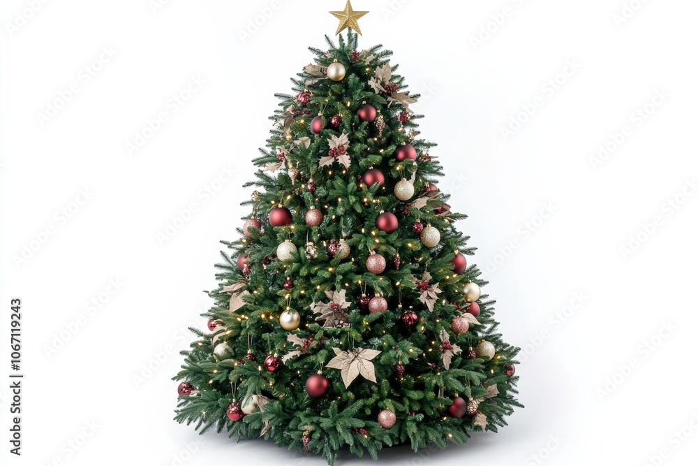 A classic Christmas tree, richly decorated with an assortment of ornaments, twinkling fairy lights, and elegant tinsel. A classic Christmas tree, richly decorated with an assortment of ornaments, twinkling fairy lights, and elegant tinsel.
