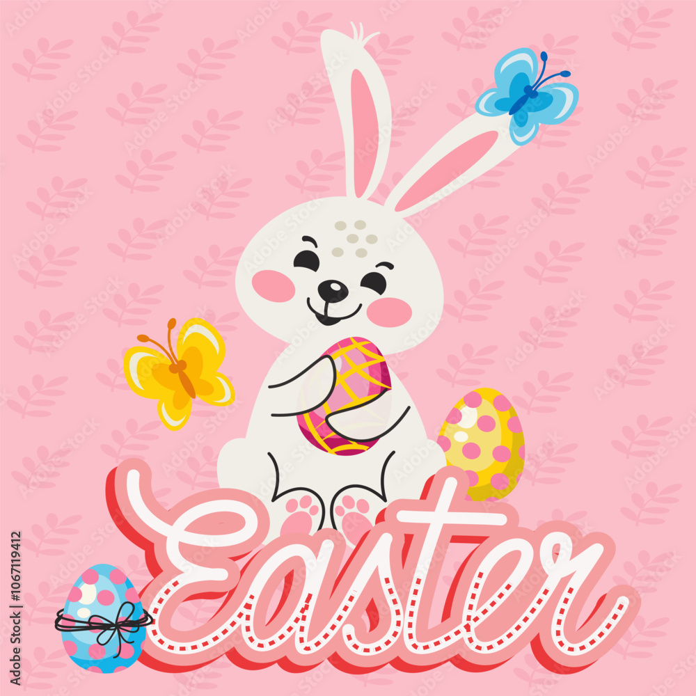 Fototapeta premium Easter card with bunny on pink background