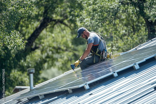 Wallpaper Mural A worker fixing solar panels on the roof, Rooftop solar panel, Rooftop solar system Torontodigital.ca