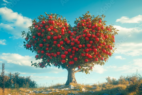 A heart shaped apple tree in the middle of a field