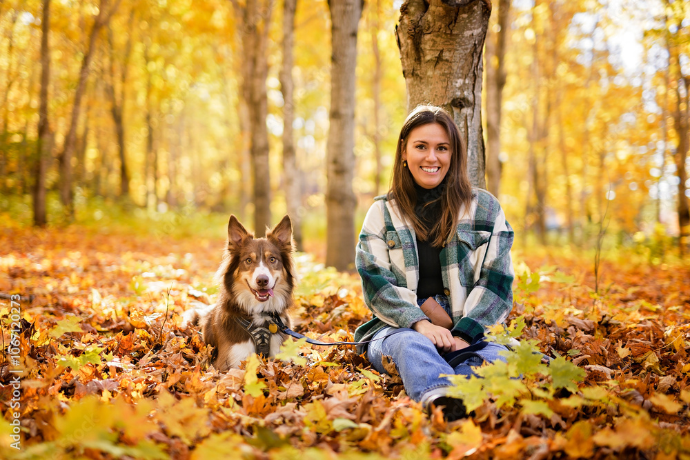 Loving woman with her shepherd Australian on fall season Loving woman with her shepherd Australian on fall season