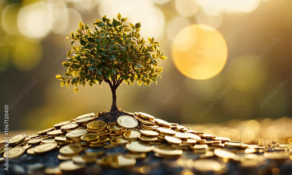 A small tree growing from a pile of gold coins, financial growth and investment, with a soft-focus background