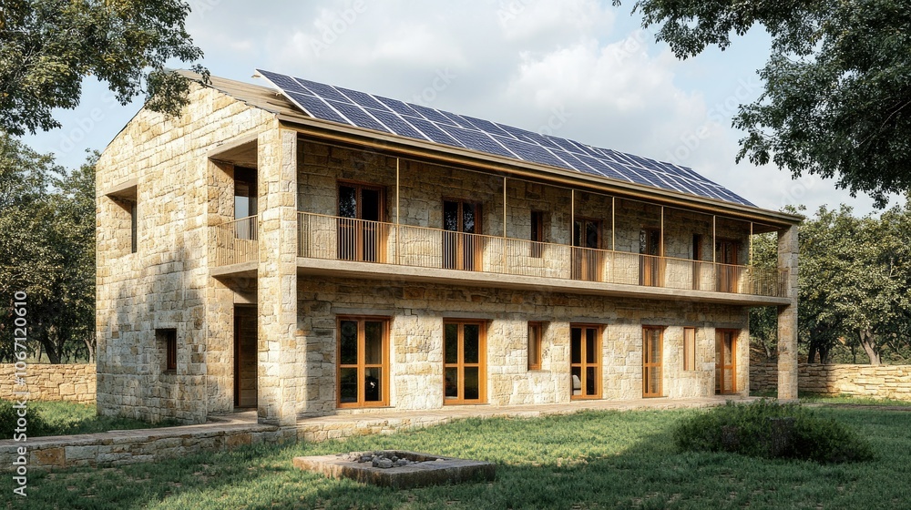 Modern Stone Building with Solar Panels and Green Surroundings Modern Stone Building with Solar Panels and Green Surroundings