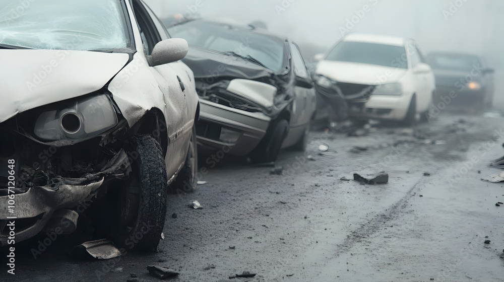Chaotic scene of a multi car pileup on a foggy freeway with damaged vehicles deployed airbags and debris scattered across the roadway highlighting the dangers of driving in adverse weather conditions Chaotic scene of a multi car pileup on a foggy freeway with damaged vehicles deployed airbags and debris scattered across the roadway highlighting the dangers of driving in adverse weather conditions