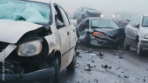 Chaotic scene of a multi car accident on a foggy freeway with several vehicles colliding and airbags deployed