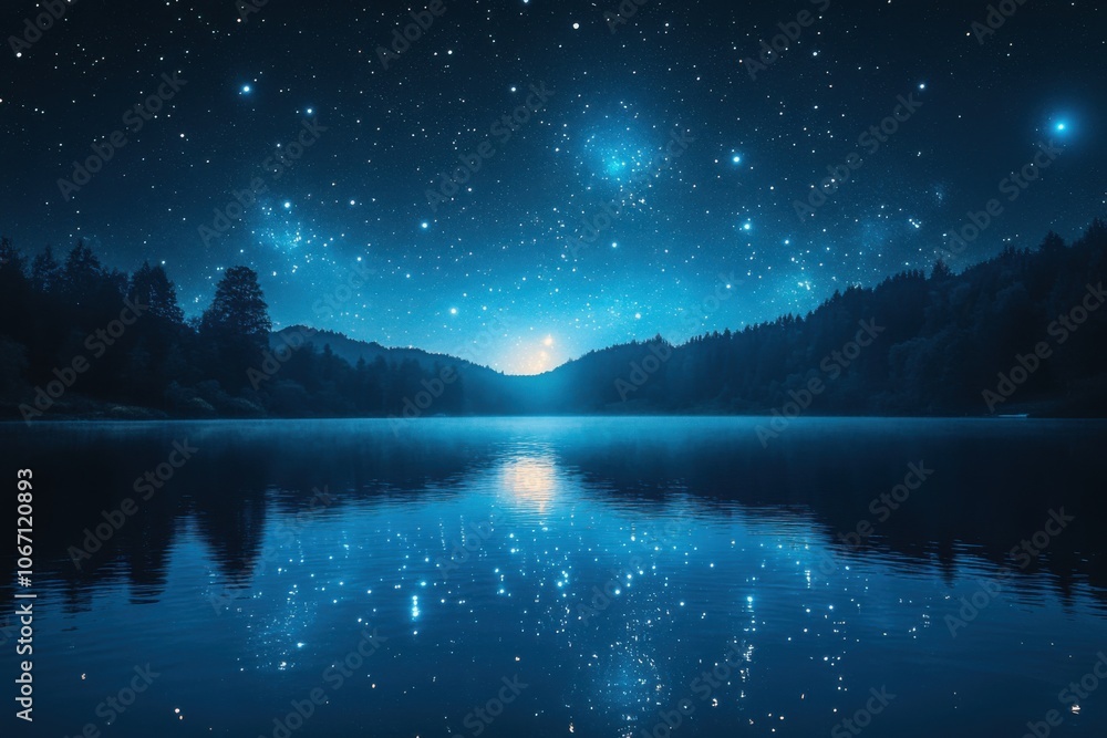 Starry night sky over a lake with trees and mountains Starry night sky over a lake with trees and mountains