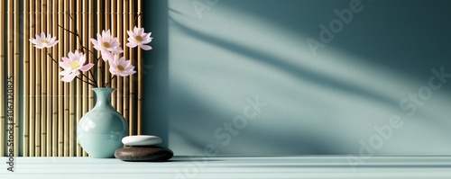 A serene arrangement featuring a vase of flowers, smooth stones, and textured walls, evoking tranquility and a soothing atmosphere.