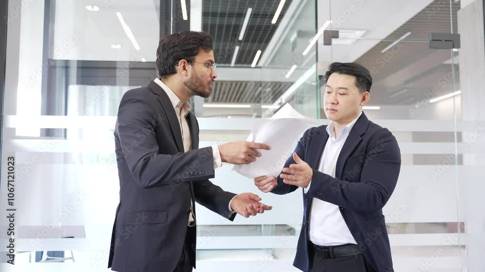 Two angry businessmen arguing intensely in modern office setting, showcasing conflict and emotion during heated business discussion or disagreement. Colleagues aggressive fight, disputing, quarreling Two angry businessmen arguing intensely in modern office setting, showcasing conflict and emotion during heated business discussion or disagreement. Colleagues aggressive fight, disputing, quarreling
