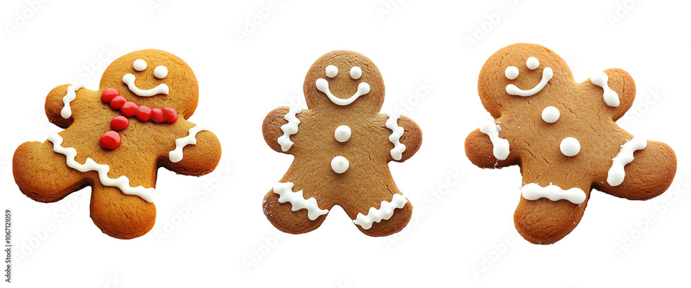 Three decorated gingerbread cookies with cheerful expressions. Three decorated gingerbread cookies with cheerful expressions.