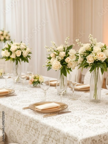 Elegant table setting for wedding reception with white lace tablecloth, gold charger plates, crystal glasses, and floral centerpieces, floral centerpieces photo