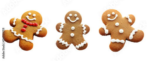 Three decorated gingerbread cookies with cheerful expressions. photo