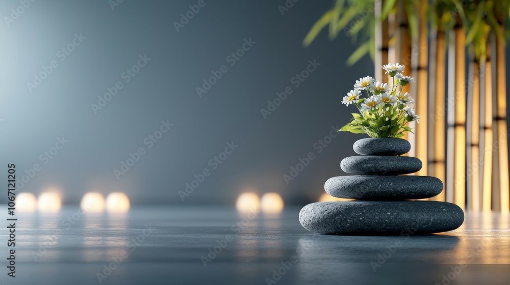 A tranquil arrangement of stacked stones with a small flower bouquet, set against a minimalist backdrop and soft lighting, evoking calmness and balance. A tranquil arrangement of stacked stones with a small flower bouquet, set against a minimalist backdrop and soft lighting, evoking calmness and balance.