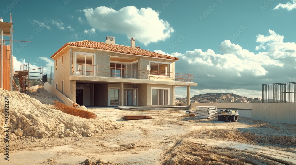 Newly constructed two-story beige house with a balcony, surrounded by an unfinished landscape and construction materials, under a partly cloudy sky. Newly constructed two-story beige house with a balcony, surrounded by an unfinished landscape and construction materials, under a partly cloudy sky.