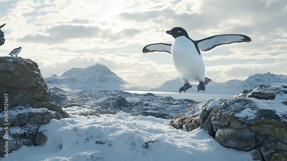 Penguin in Flight Over Snowy Landscape