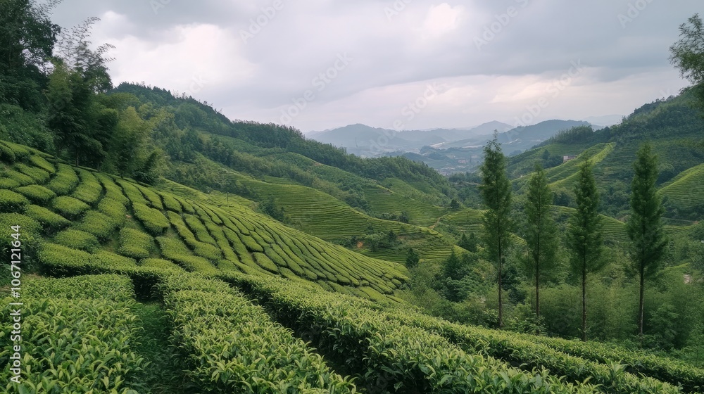 An image of a tea plantation depicts a verdant, hilly terrain. Tea bushes are arranged in tidy rows along the slopes of the terraced terrain. The plantation's boundaries are lined with tall, slender t An image of a tea plantation depicts a verdant, hilly terrain. Tea bushes are arranged in tidy rows along the slopes of the terraced terrain. The plantation's boundaries are lined with tall, slender t
