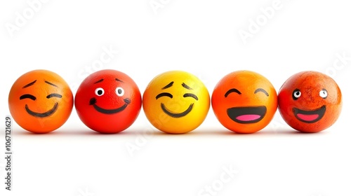 Row of Colorful Emojis with Various Expressions on White Background