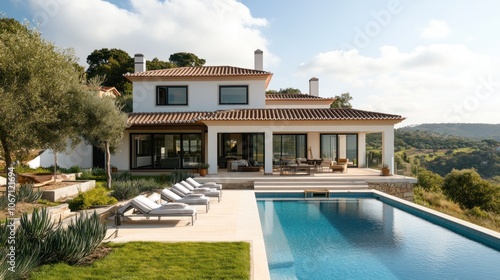 Wallpaper Mural A luxurious two-story house with a large swimming pool, terrace and loungers, overlooking a scenic green landscape under a clear sky. Torontodigital.ca