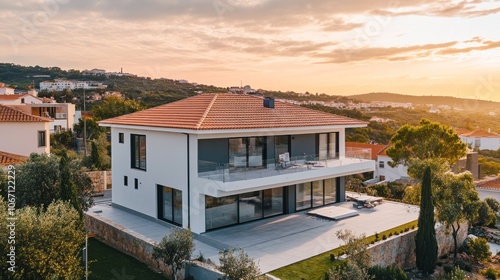 A modern two-story house with a flat roof design, large windows, and an outdoor terrace, surrounded by a verdant landscape at dusk.