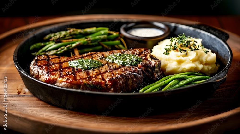 Mouth watering T Bone steak with a golden brown crust served alongside grilled asparagus zucchini and creamy fluffy mashed potatoes on a rustic wooden background Mouth watering T Bone steak with a golden brown crust served alongside grilled asparagus zucchini and creamy fluffy mashed potatoes on a rustic wooden background