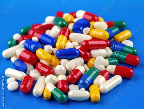 Multicolored pills and capsules on blue background.