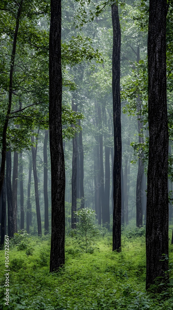 A dense forest with tall trees, a green carpet of grass under the canopy, and mist rising from between them A dense forest with tall trees, a green carpet of grass under the canopy, and mist rising from between them