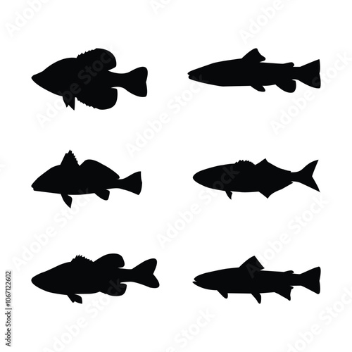Black Fish Silhouette Collection. Set Of Black Fish Icons Vector Fish Silhouette Animal Wildlife
