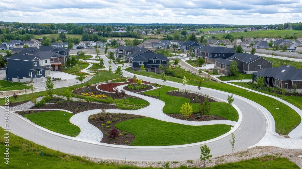 Modern Suburban Neighborhood with Curved Streets Modern Suburban Neighborhood with Curved Streets