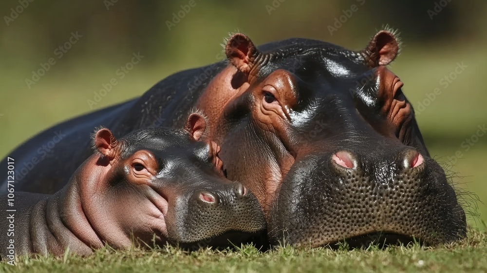 Fototapeta premium Calm Hippos Resting Together in Natural Setting