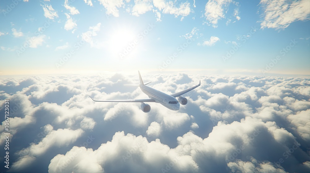 Fototapeta premium Airplane Flying Over Cloudy Sky at Sunrise