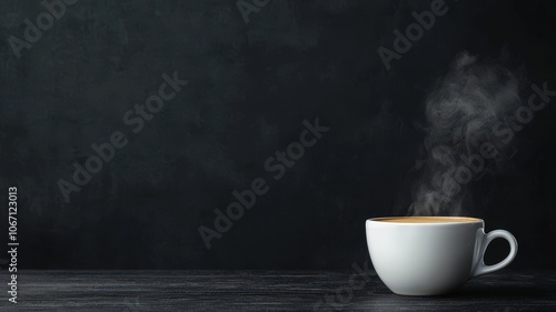 A steaming cup of coffee sits on a dark surface, exuding warmth and inviting comfort.