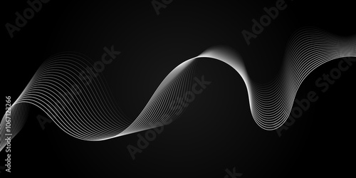 Abstract white wave dynamic curve lines on black background with flowing particles. Digital energy waves technology concept. Modern backdrop design for business, presentation, banner.