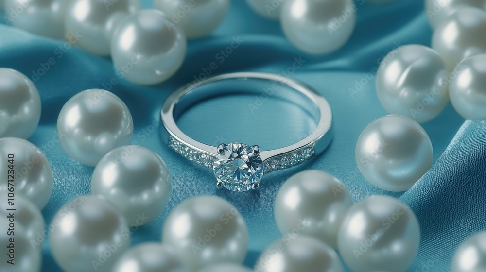 A close-up of a diamond wedding ring surrounded by white pearls and shimmering silk fabric, creating a feeling of luxury and sophistication. A close-up of a diamond wedding ring surrounded by white pearls and shimmering silk fabric, creating a feeling of luxury and sophistication.