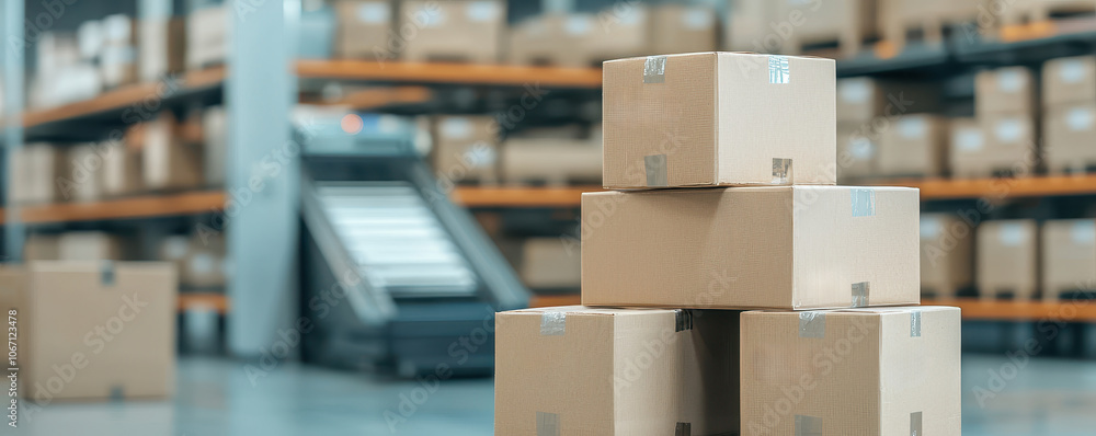 A stack of cardboard boxes in a warehouse, with shelves filled with additional boxes in the background, and a parcel scanner nearby. A stack of cardboard boxes in a warehouse, with shelves filled with additional boxes in the background, and a parcel scanner nearby.
