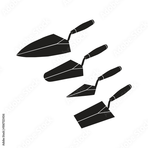 Trowel Vector Illustration Clip Art Set, Trowel Isolated Vector Silhouette Symbol With White Background. Industrial House Mechanical Equipment.