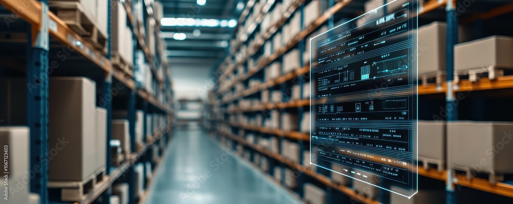 A modern warehouse with stacked boxes, featuring a digital interface displaying inventory and data management in focus. A modern warehouse with stacked boxes, featuring a digital interface displaying inventory and data management in focus.