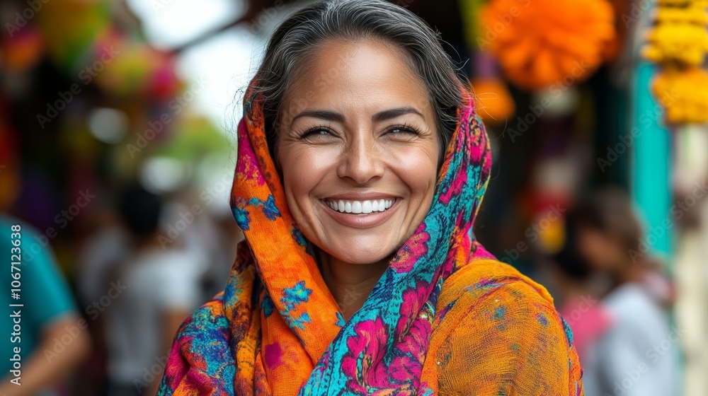 Fototapeta premium Smiling woman at colorful market.