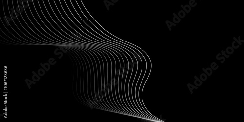 Abstract white wave dynamic curve lines on black background with flowing particles. Digital energy waves technology concept. Modern backdrop design for business, presentation, banner.