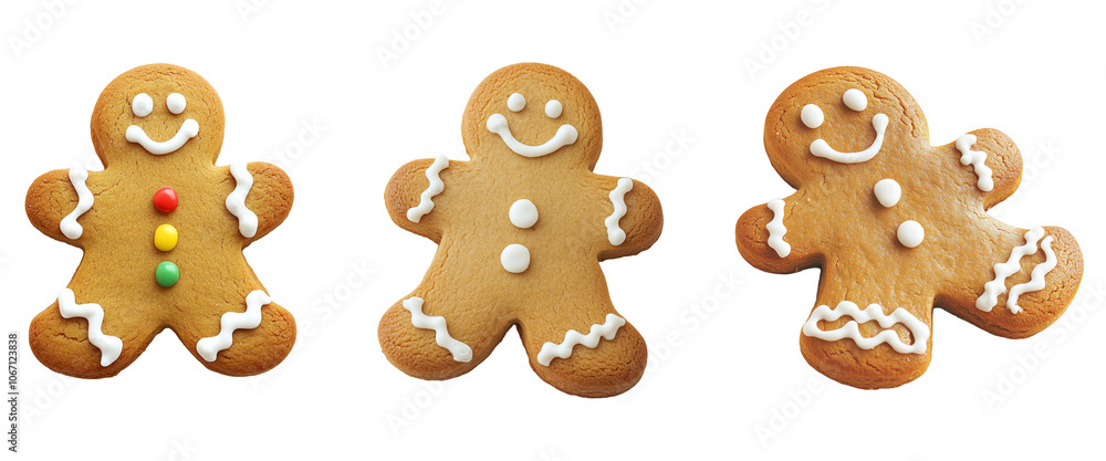 Three decorated gingerbread cookies in festive shapes and colors. Three decorated gingerbread cookies in festive shapes and colors.