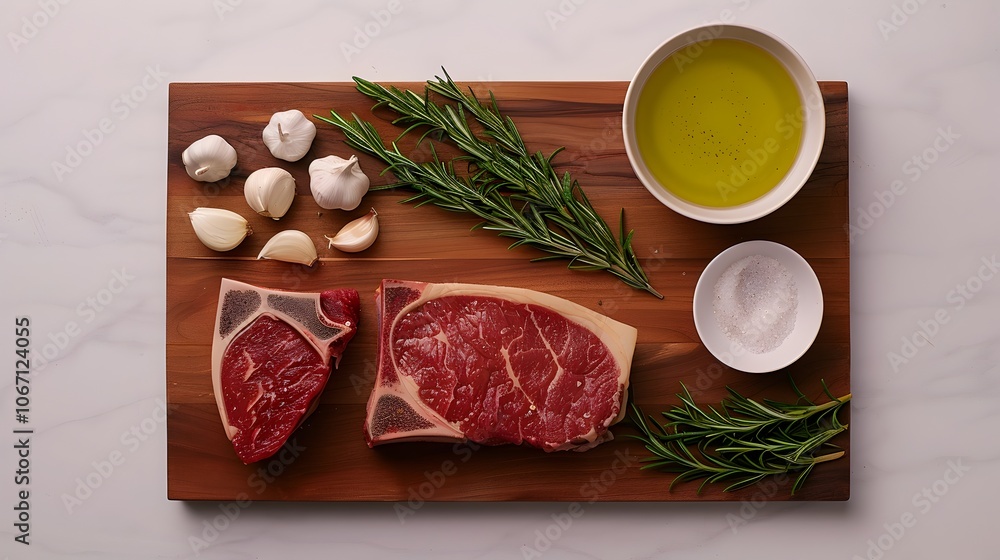 Succulent T Bone Steak with Aromatic Garlic Rosemary and Olive Oil on Wooden Cutting Board Delicious Gourmet Meat Ingredient and Seasoning for Flavorful Cooking and Meal Succulent T Bone Steak with Aromatic Garlic Rosemary and Olive Oil on Wooden Cutting Board Delicious Gourmet Meat Ingredient and Seasoning for Flavorful Cooking and Meal