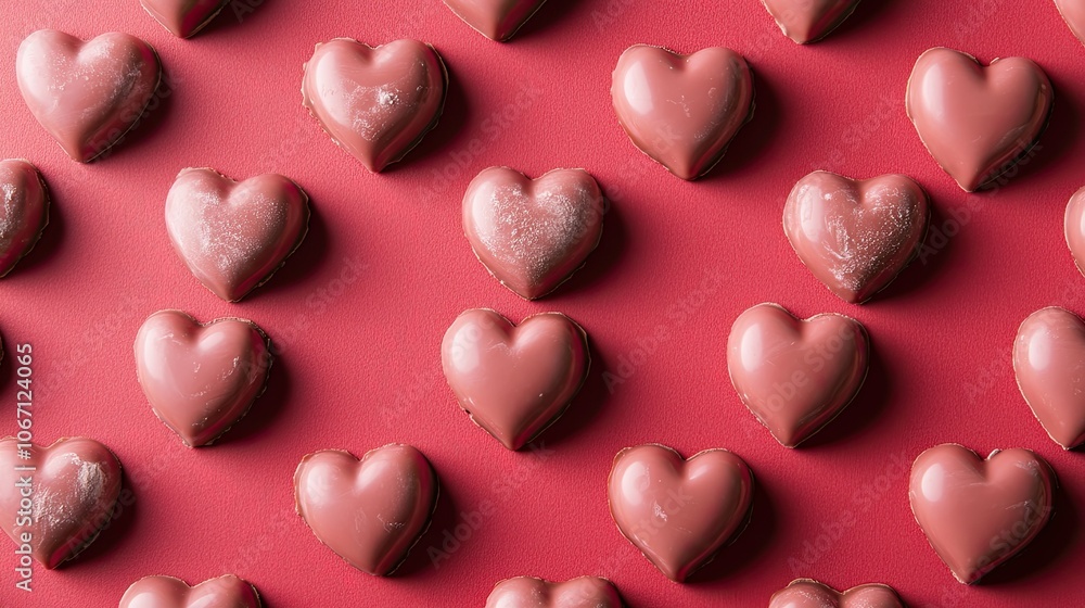 Sweet Heart-Shaped Chocolate Treats on Red Background Sweet Heart-Shaped Chocolate Treats on Red Background