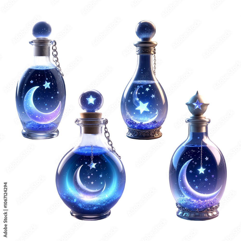Magic Moonlight Potion Set on transparent background Magic Moonlight Potion Set on transparent background
