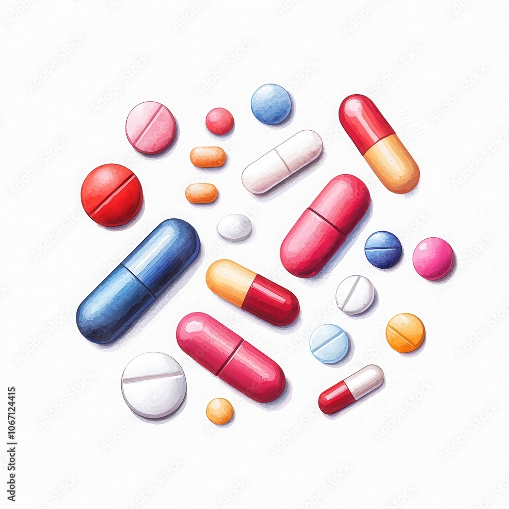 Multicolored capsules and tablets on a white isolated background., watercolor style Multicolored capsules and tablets on a white isolated background., watercolor style