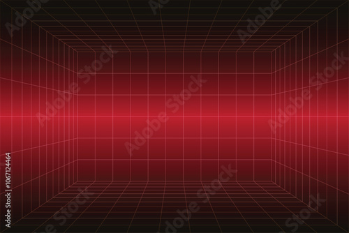 Abstract wireframe with red grid line. Futuristic perspective grid box. .Retro Futurism Sci-Fi Background. glowing neon grid. and stars from vintage arcade computer games