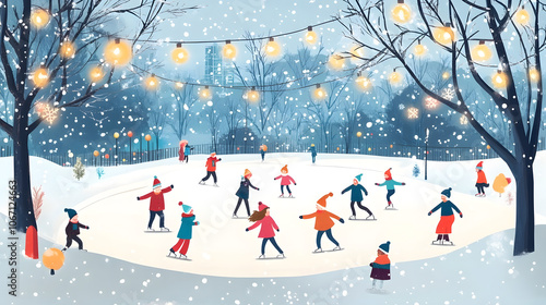 Charming winter scene of children and families joyfully ice skating on a beautifully illuminated outdoor rink surrounded by snow-covered trees, capturing the essence of seasonal fun.