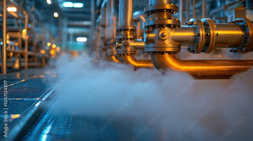 Industrial pipes emit steam in a factory setting, showcasing metal infrastructure and operational machinery in a high-tech environment. Industrial pipes emit steam in a factory setting, showcasing metal infrastructure and operational machinery in a high-tech environment.