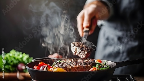 Freshly grilled T bone steak cooked to perfection and served with a medley of grilled vegetables drizzled in a rich and flavorful garlic butter sauce photo