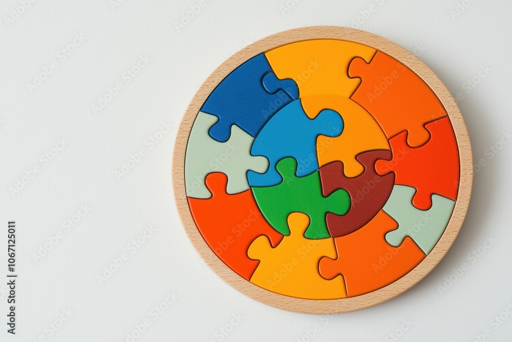 Colorful wooden puzzle pieces arranged in a circle, white isolated background. Colorful wooden puzzle pieces arranged in a circle, white isolated background.