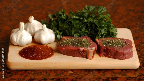 Appetizing raw T bone steak placed on a rustic wooden butcher s block surrounded by aromatic fresh herbs garlic cloves and various seasonings photo