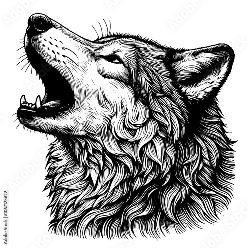 Echoes of the Wild The Howling Wolf, Moonlit Melodies The Wolf's Howl, Cry of the Night: The Mysterious Howl of the Wolf, Wilderness Symphony: The Haunting Howl of the Wolf lineart isolated on white.