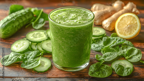 A detox green smoothie made with spinach, cucumber, and ginger